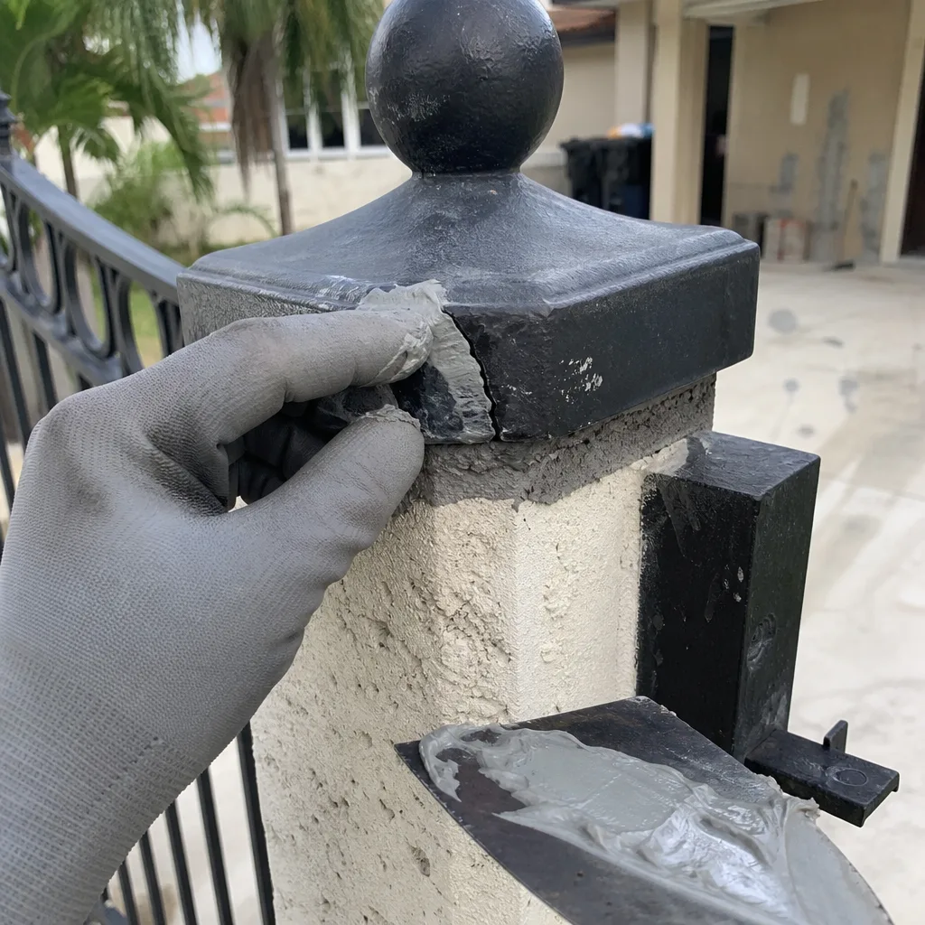 A person repairing a cracked metal gate post cap with filler