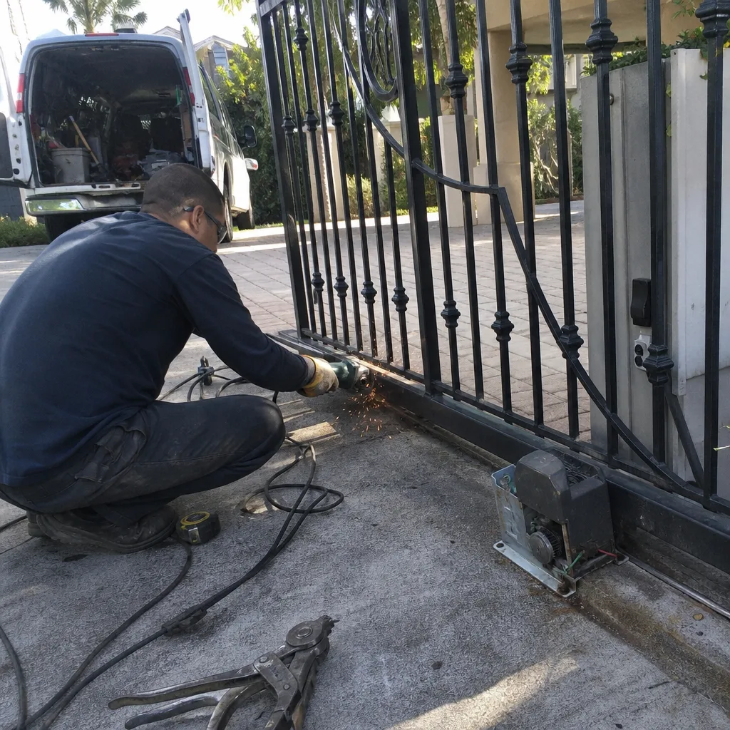 Technician using an angle grinder to repair a damaged metal driveway gate.