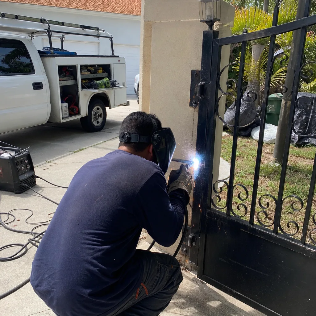 Professional welder performing metal gate repair and installation